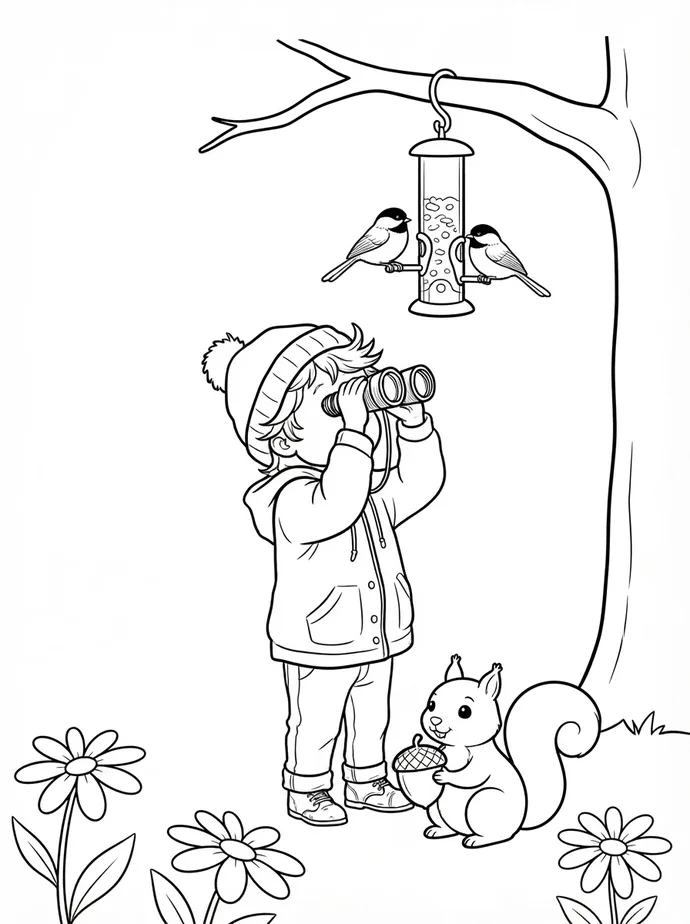 Coloring page: a child in a winter hat watching two chickadees at a feeder through binoculars, with a squirrel holding an acorn